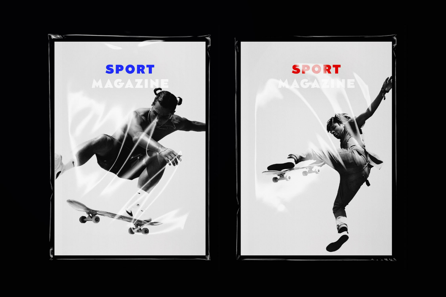 Two Sport Magazine covers featuring skateboarders in mid-air. Perfect for designers looking for magazine mockups, dynamic sports graphics, or cover design examples.