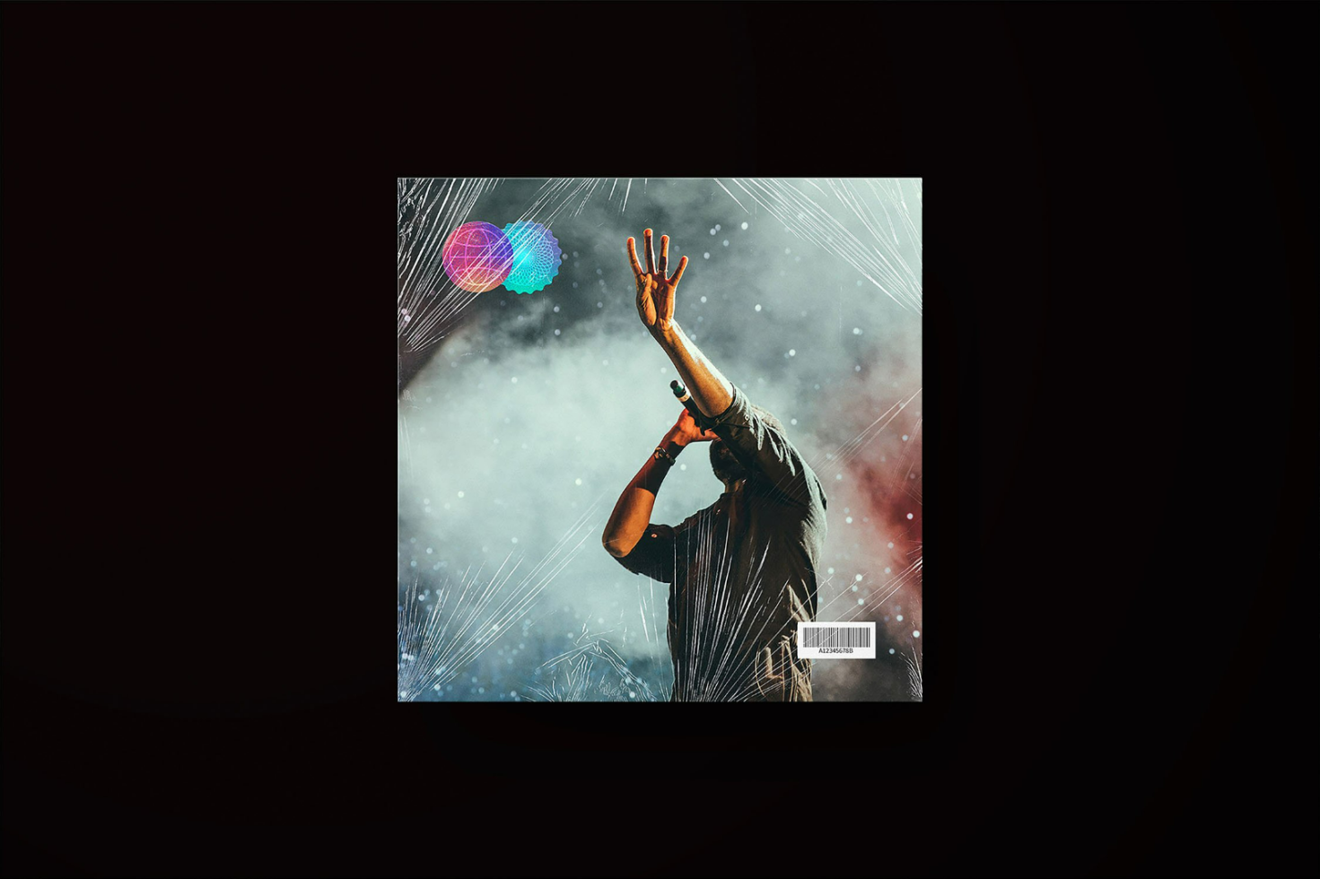 Digital album cover mockup featuring a singer on stage with a geometric overlay and barcode element. Keywords: design asset, mockup, music, album, cover, geometric.