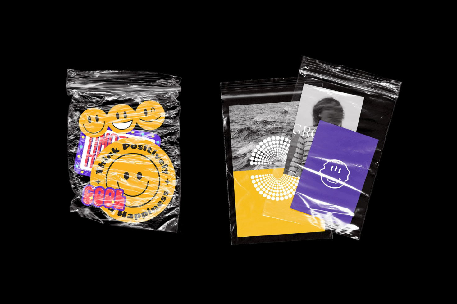 Two clear plastic bags containing colorful and monochromatic stickers and prints featuring smiley faces and abstract designs. Suitable for graphic designers.