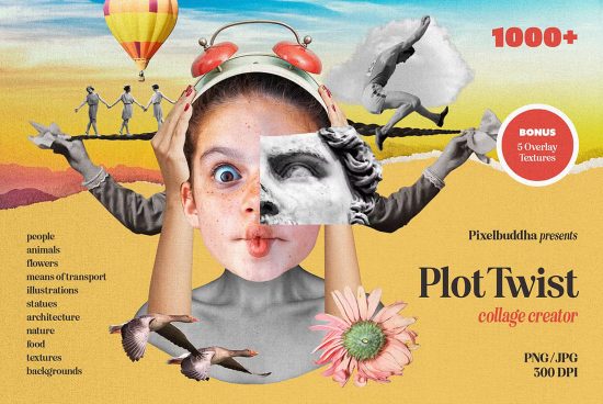 Creative collage template featuring surreal imagery people animals hot air balloon flowers perfect for designers. Bonus 5 overlay textures. 1000+ elements.