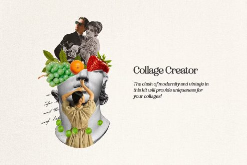 Collage Creator kit digital asset for designers offering modern vintage elements includes fruits leaves creating unique collages ideal for graphic design projects.