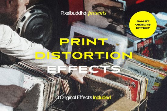 Print distortion effects product image by Pixelbuddha. Includes smart objects effect for realistic print textures, ideal for graphic designers. Three effects included.