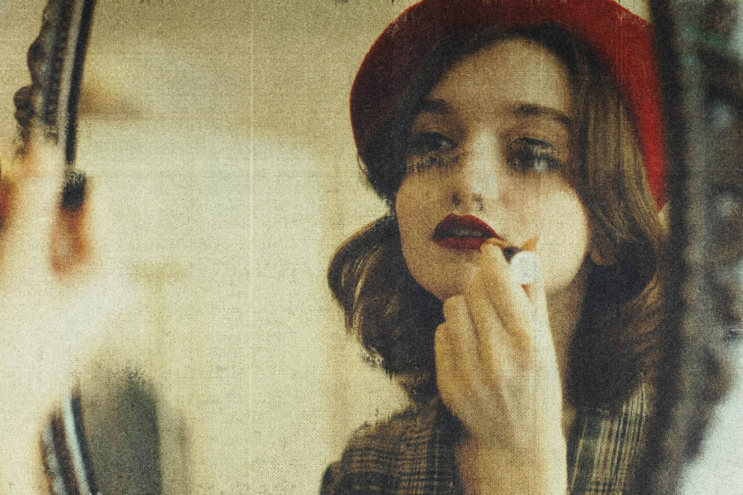 Vintage style digital asset featuring a woman applying lipstick in a mirror reflecting a retro aesthetic suitable for graphic designers and template creators