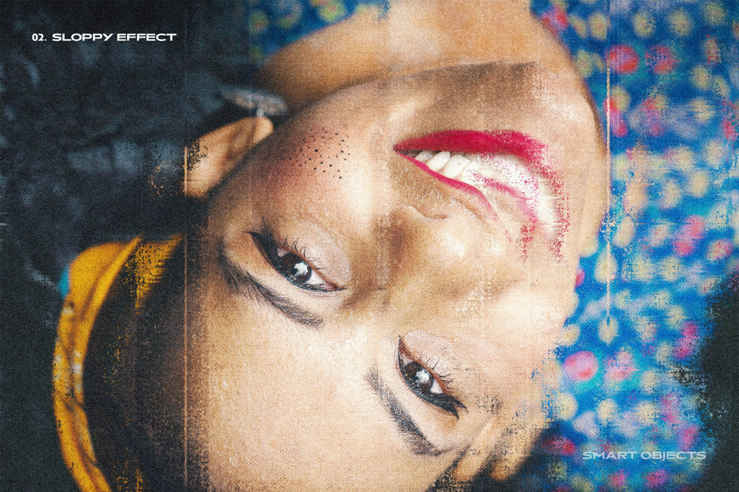 Close-up textured photo effect portrait of a smiling woman upside down. Download this digital graphic effect for designers, suitable for templates and mockups.