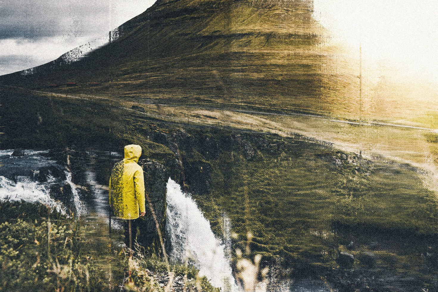 Grainy photo effect mockup showing a person in a yellow raincoat standing near a waterfall with an Icelandic mountain in the background suitable for designers