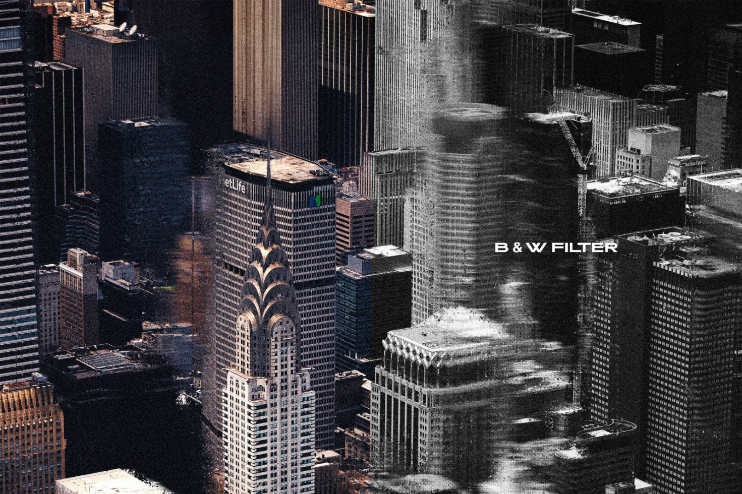 Aerial view of New York City skyscrapers with an artistic black and white filter. Ideal for graphic designers requiring urban textures for templates and graphics.