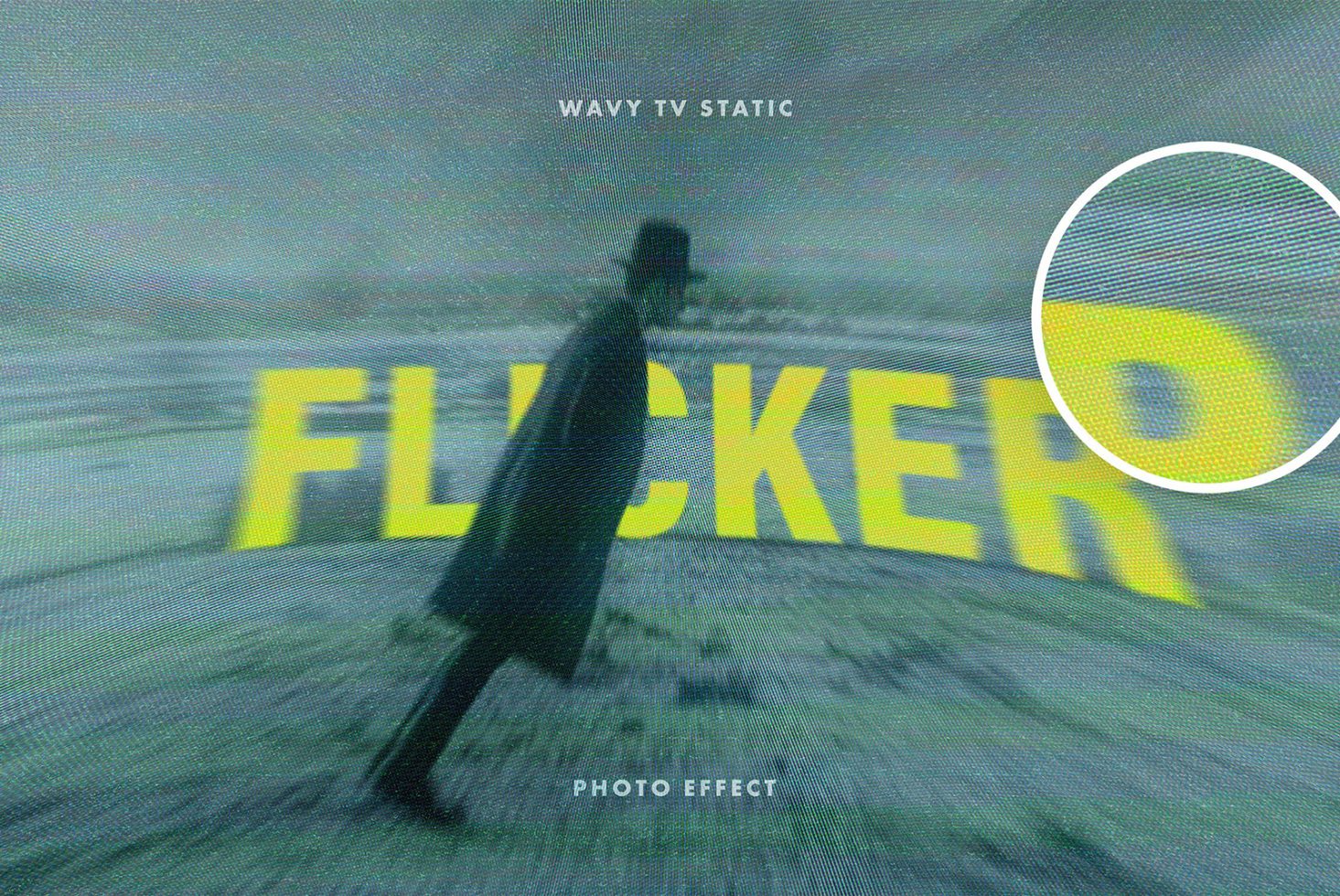 Wavy TV static photo effect mockup with flicker text highlighting digital distortion overlay perfect for designers looking for unique graphic assets.