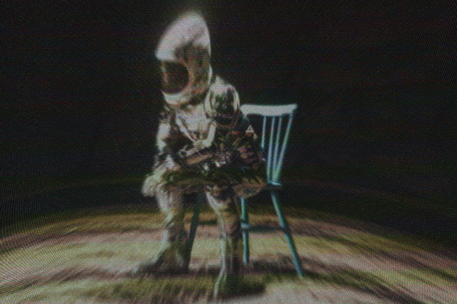 Digital artwork of astronaut sitting on a chair with a dark blurry background suitable for graphic design mockups templates or creative projects.