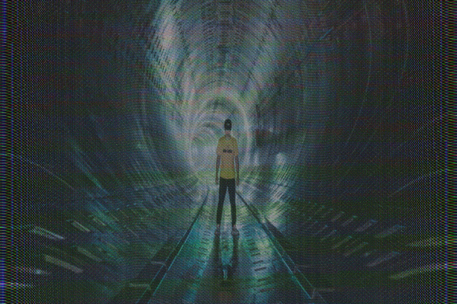 Futuristic digital art depicting a person standing in a neon-lit tunnel. Perfect for designers seeking unique graphics, templates, and sci-fi themed backgrounds.