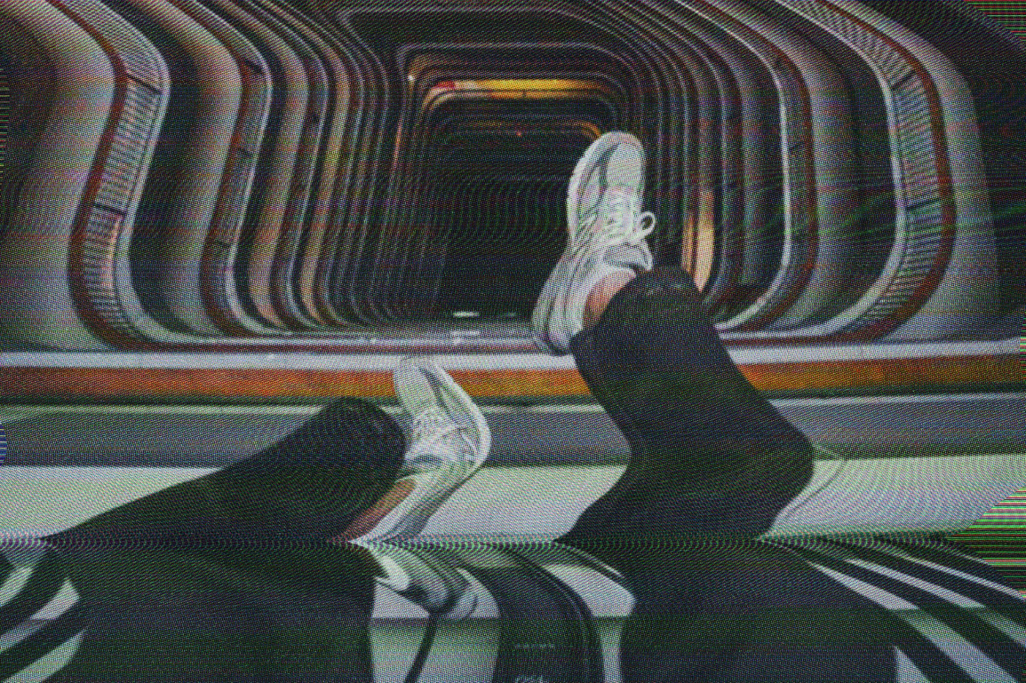 Abstract glitch art featuring legs and sneakers in a vintage tunnel. Perfect for design mockups, graphic backgrounds, and creative digital templates.