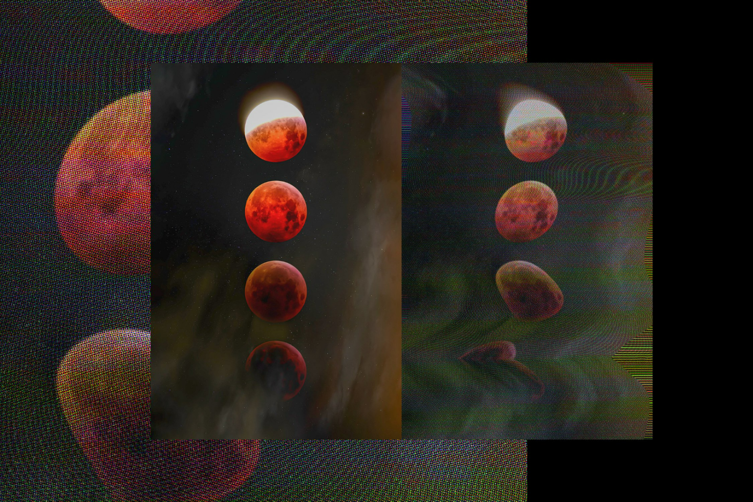 Digital artwork featuring an artistic depiction of moon phases with glitch effect, suitable for graphic design projects, premium templates, mockup backgrounds.