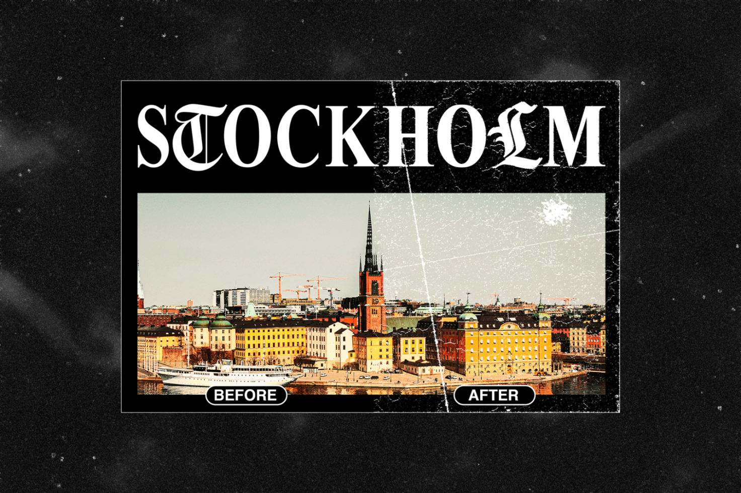 A vintage-style stock photo of Stockholm city with bold lettering and a before-after filter effect. Ideal for digital assets in mockups, templates, and design graphics.