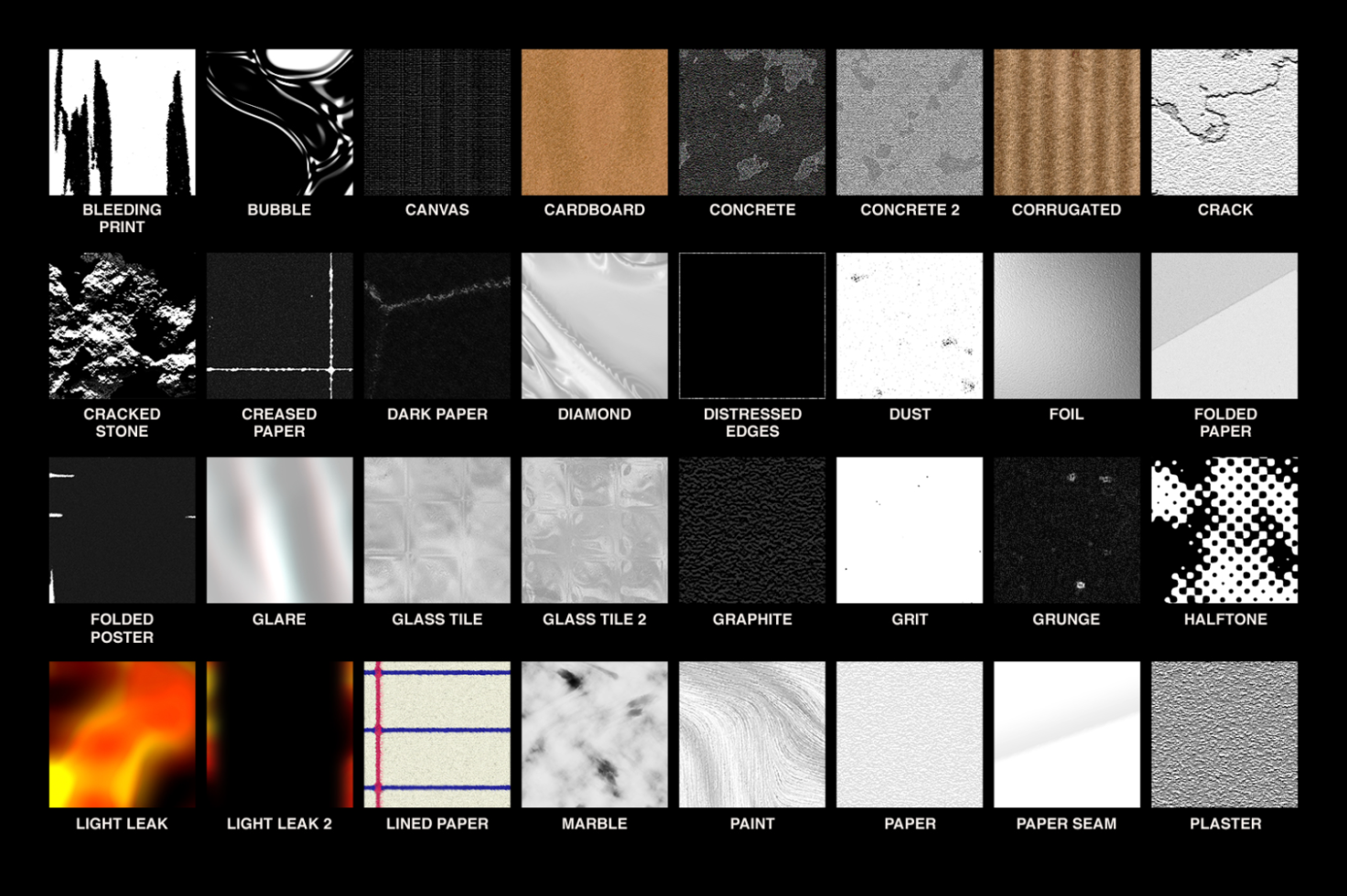 Texture pack with 30 high-quality textures including concrete, marble, cardboard, cracked stone, glare, foil, and grunge. Ideal for mockups, templates, and graphic designs.