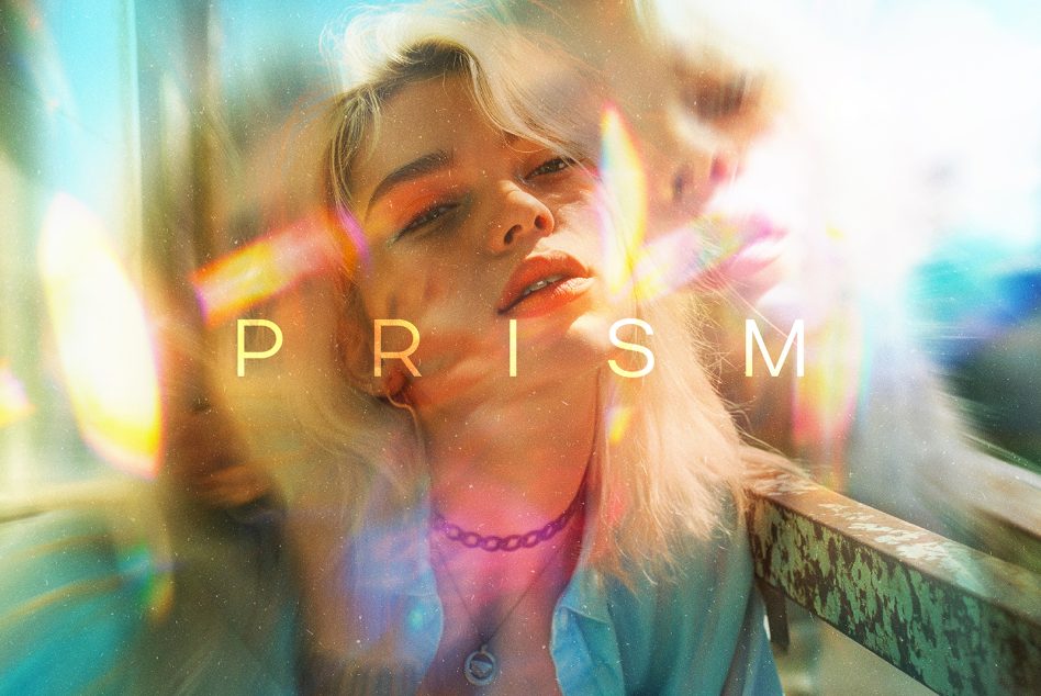 Prism effect Photoshop overlay for creatives features dreamy light refractions over a portrait perfect for photo editing digital design graphics and photography.