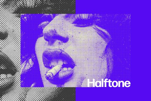 Halftone graphics template showcasing a close-up of a face in vibrant purple with dotted texture. Ideal for designers seeking unique graphic elements or mockups.