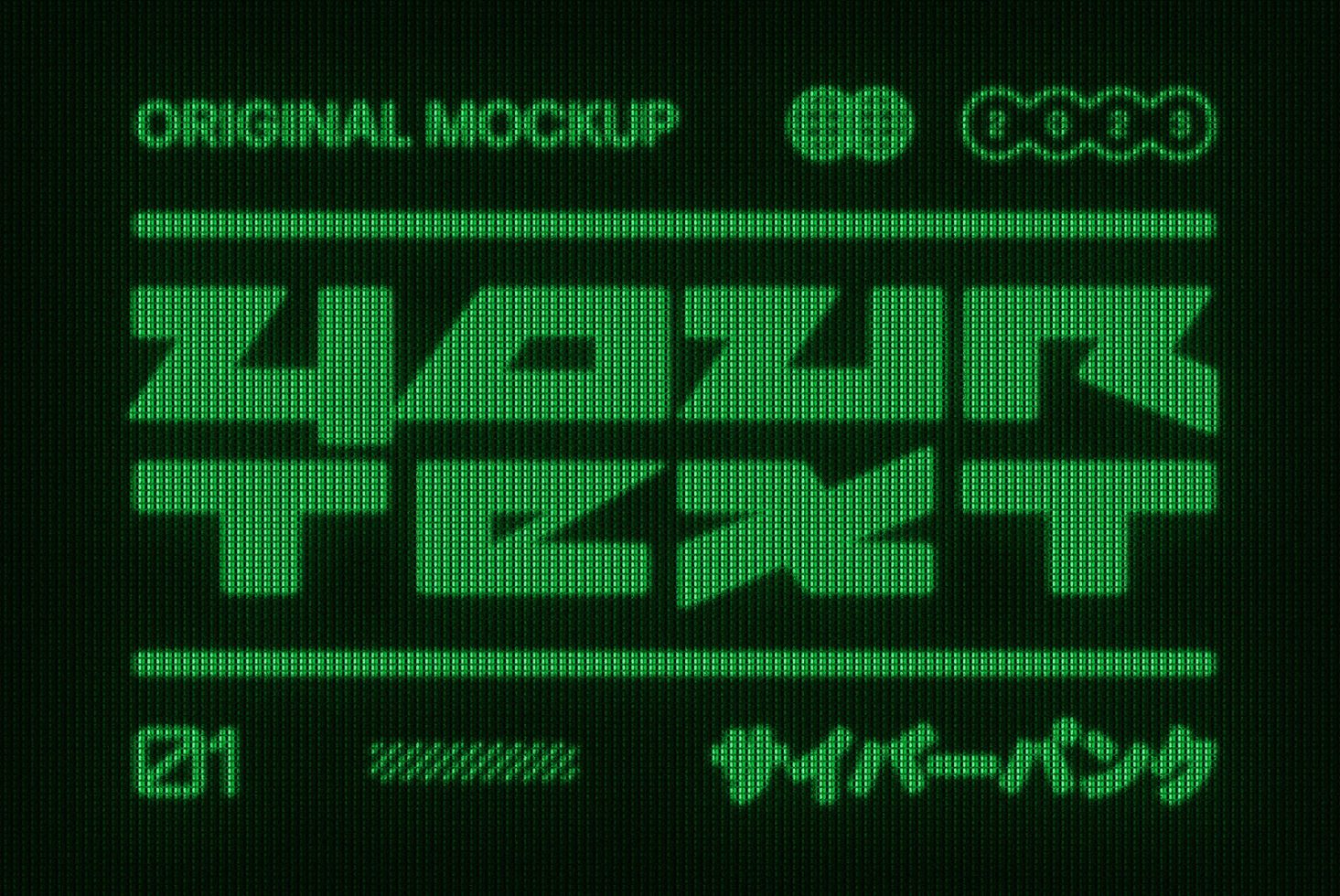 Digital mockup of green glitch text on black background ideal for designers and digital artists working on cyberpunk themed projects mockups templates