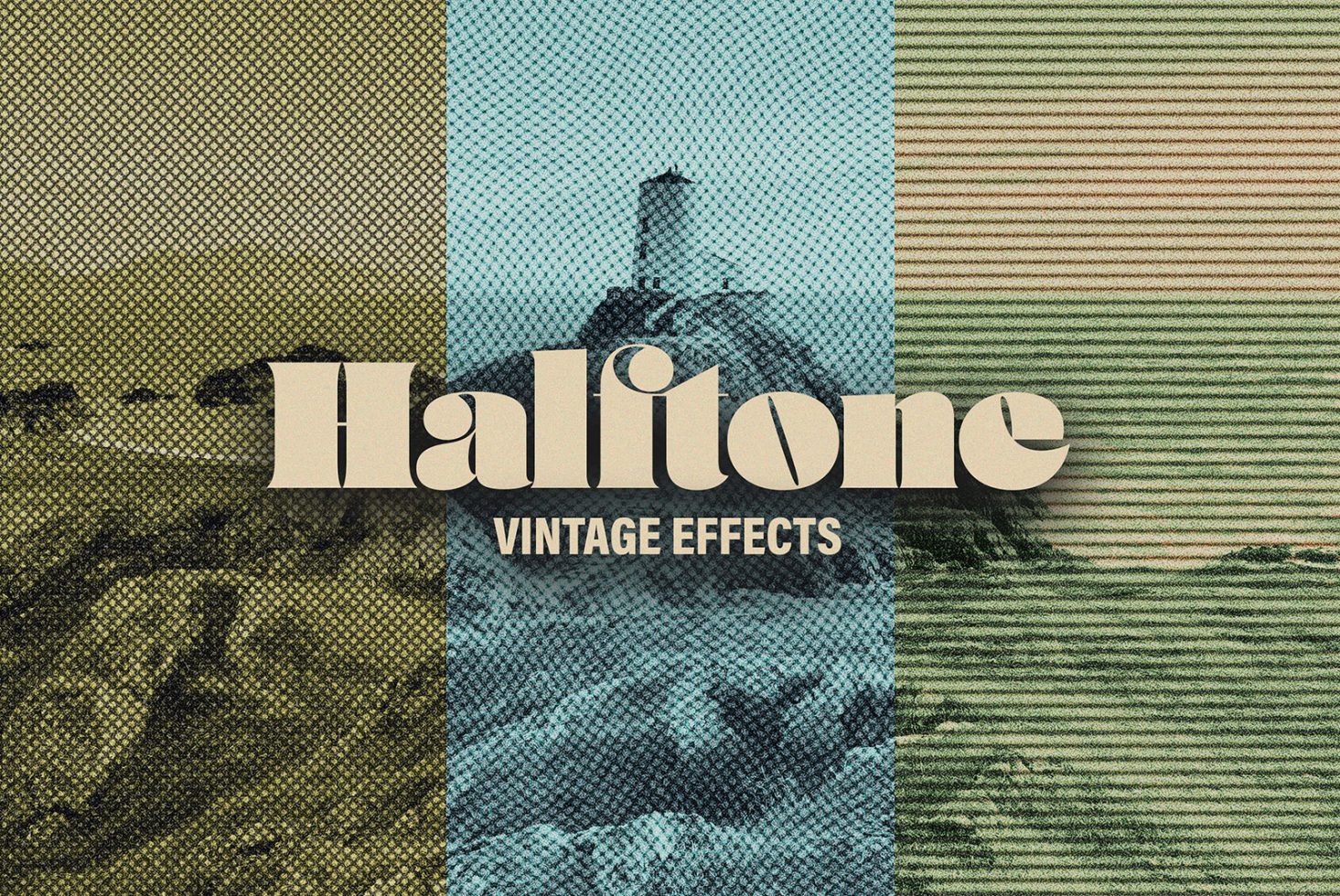 Halftone Vintage Effects graphic design shows three retro-styled images with text. Ideal for designers looking for a vintage or retro texture for projects.