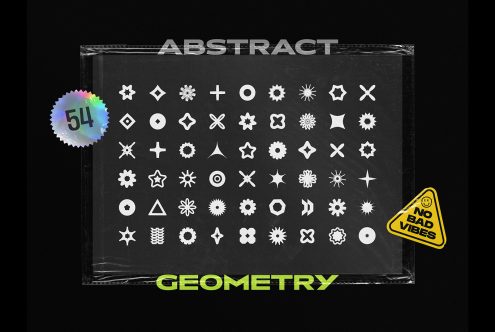 Set of 54 abstract geometric graphics for designers featuring various shapes and patterns in white on a black background ideal for use in templates and mockups.