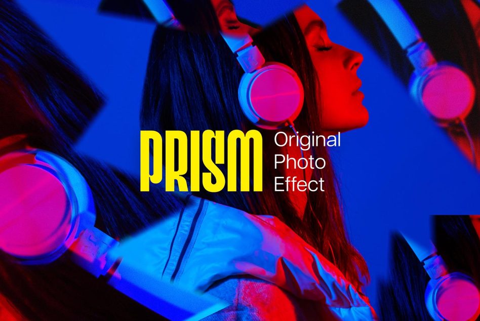 Prism photo effect digital asset featuring a woman with headphones in vivid blue and red colors perfect for graphic designers to use in creative projects and templates.