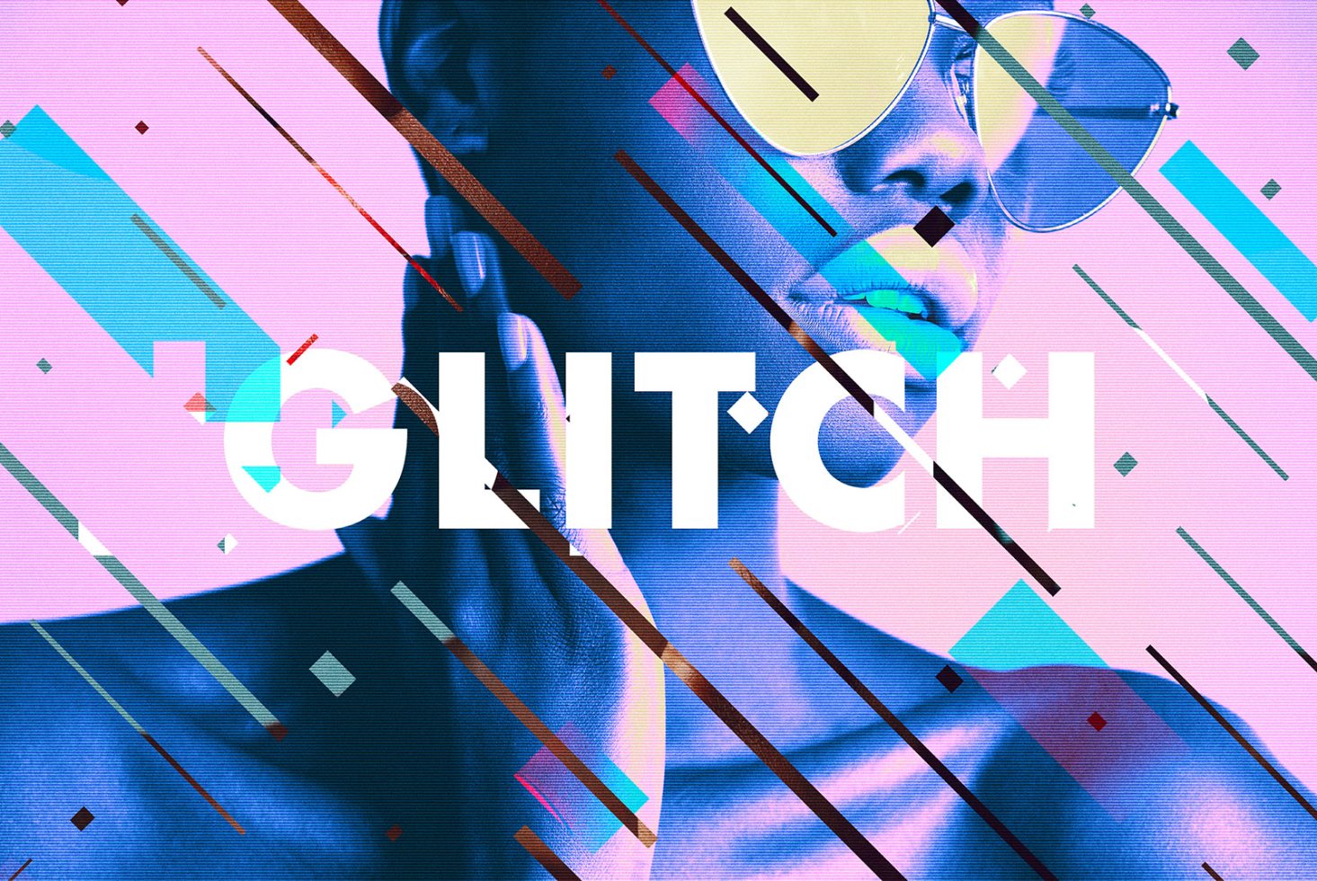 Glitch effect design with vibrant colors and geometric shapes overlaying a person wearing glasses. Ideal for digital aesthetics, graphic design mockups, modern templates.