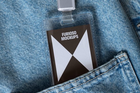 ID mockup design inside transparent holder placed in denim pocket perfect for designers looking for high-quality presentation templates in graphics and mockups