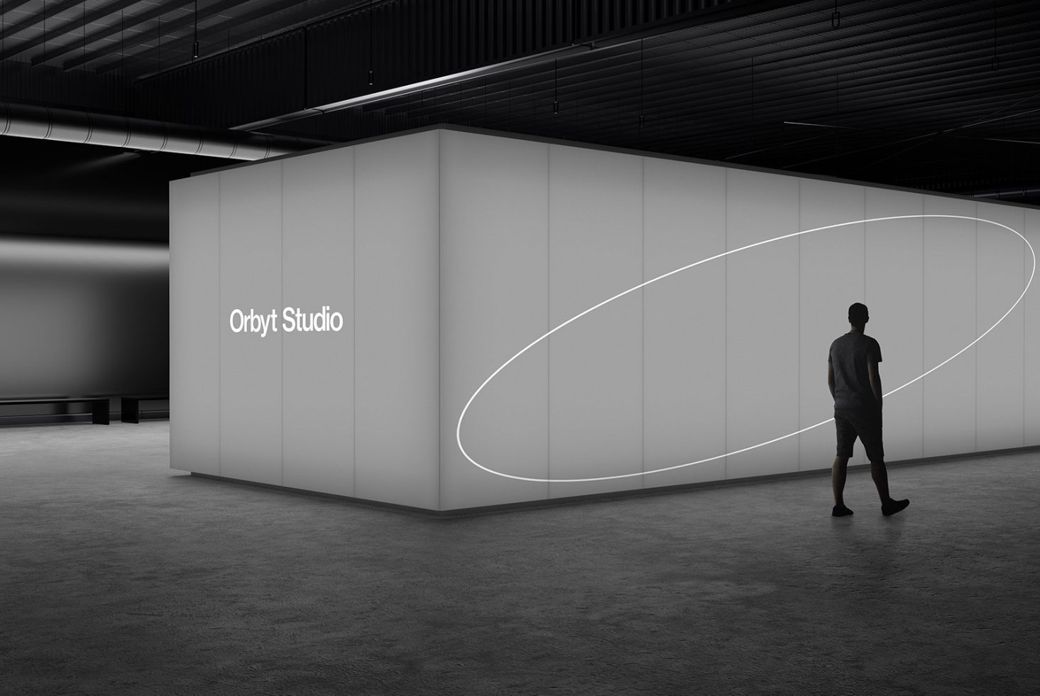 Minimalist mockup featuring a modern studio building with sleek lighting an individual walking past. Ideal for design presentations and architectural projects.