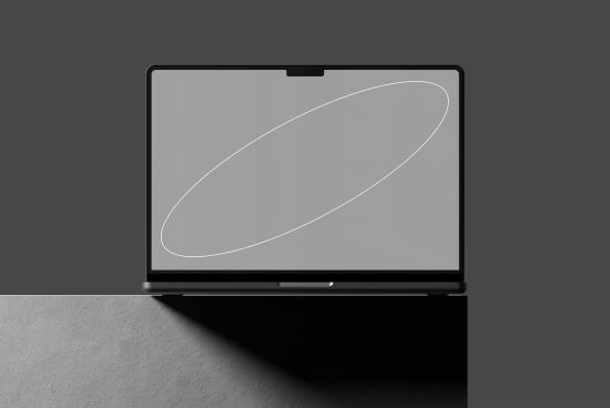 Minimalist laptop mockup with dark background; perfect for showcasing website designs or applications. High-resolution PSD file, ideal for digital designers.