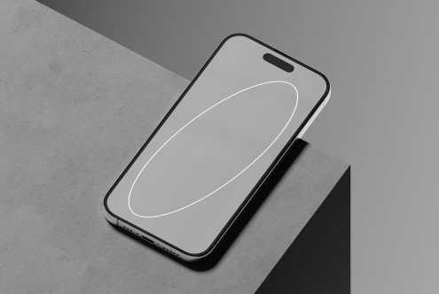 Smartphone screen mockup on concrete background showcasing minimalistic modern design for digital assets marketplace targeting designers mockups templates.