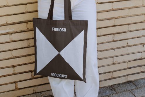 Tote bag mockup template for designers featuring a neutral color scheme with the text Furioso Mockups. Ideal for showcasing designs or branding materials.