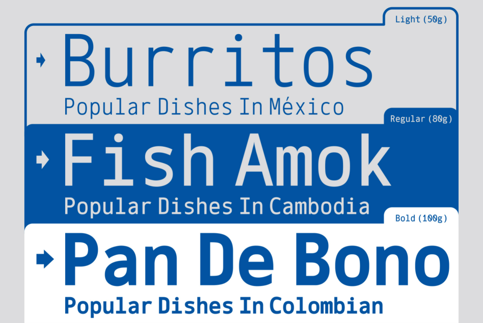 Font display showcasing various weights with text Burritos Popular Dishes In Mexico Fish Amok Popular Dishes In Cambodia Pan De Bono Popular Dishes In Colombian