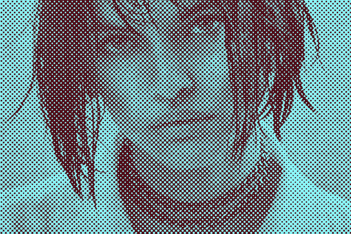 Halftone portrait of a person with dreadlocks in cyan and maroon. Ideal for graphic design projects, artistic mockups, or as a digital asset for designers.