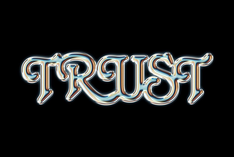 Neon chrome effect text graphic "TRUST" on black background for designers fonts typography templates digital assets.