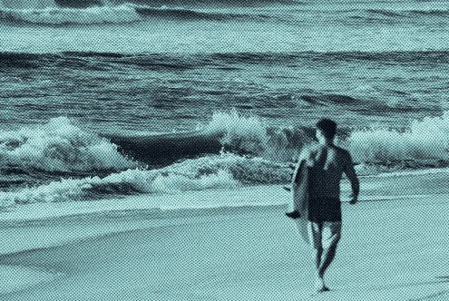 Halftone effect image of a man with a surfboard walking along the beach shore near ocean waves ideal for graphic design and digital artwork resources