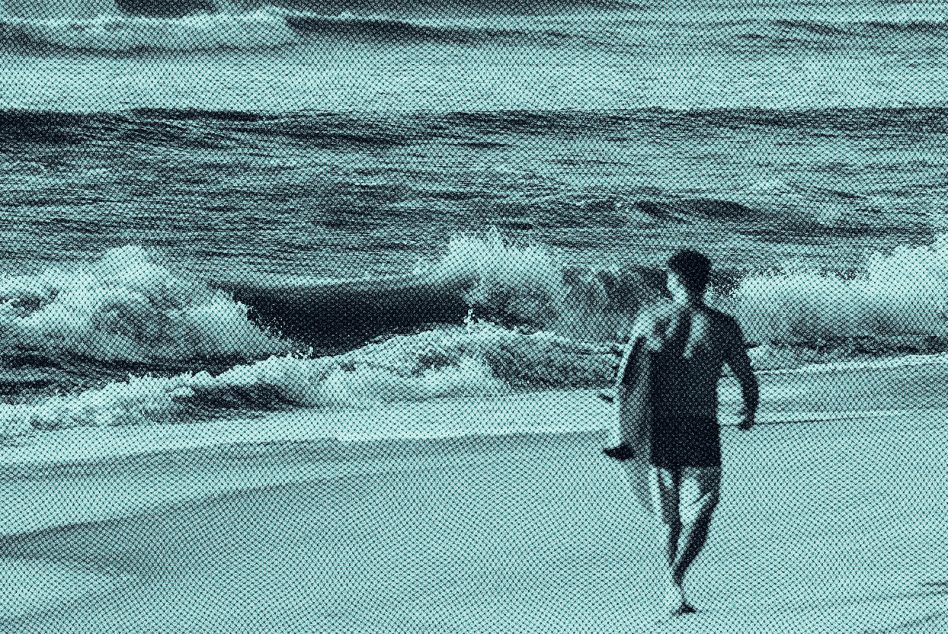 Halftone effect image of a man with a surfboard walking along the beach shore near ocean waves ideal for graphic design and digital artwork resources