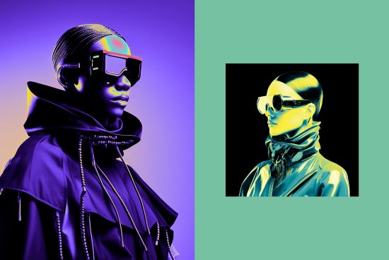 Futuristic digital art featuring two figures in neon colors wearing cyberpunk goggles perfect for graphic designers looking for modern illustration inspiration.