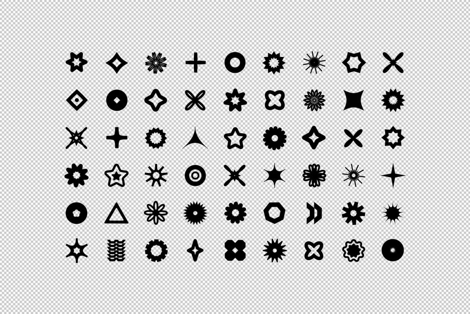 Vector graphic set of 50 unique black shapes for digital design. Suitable for use in templates, mockups, and graphic design projects. Seamless transparency.