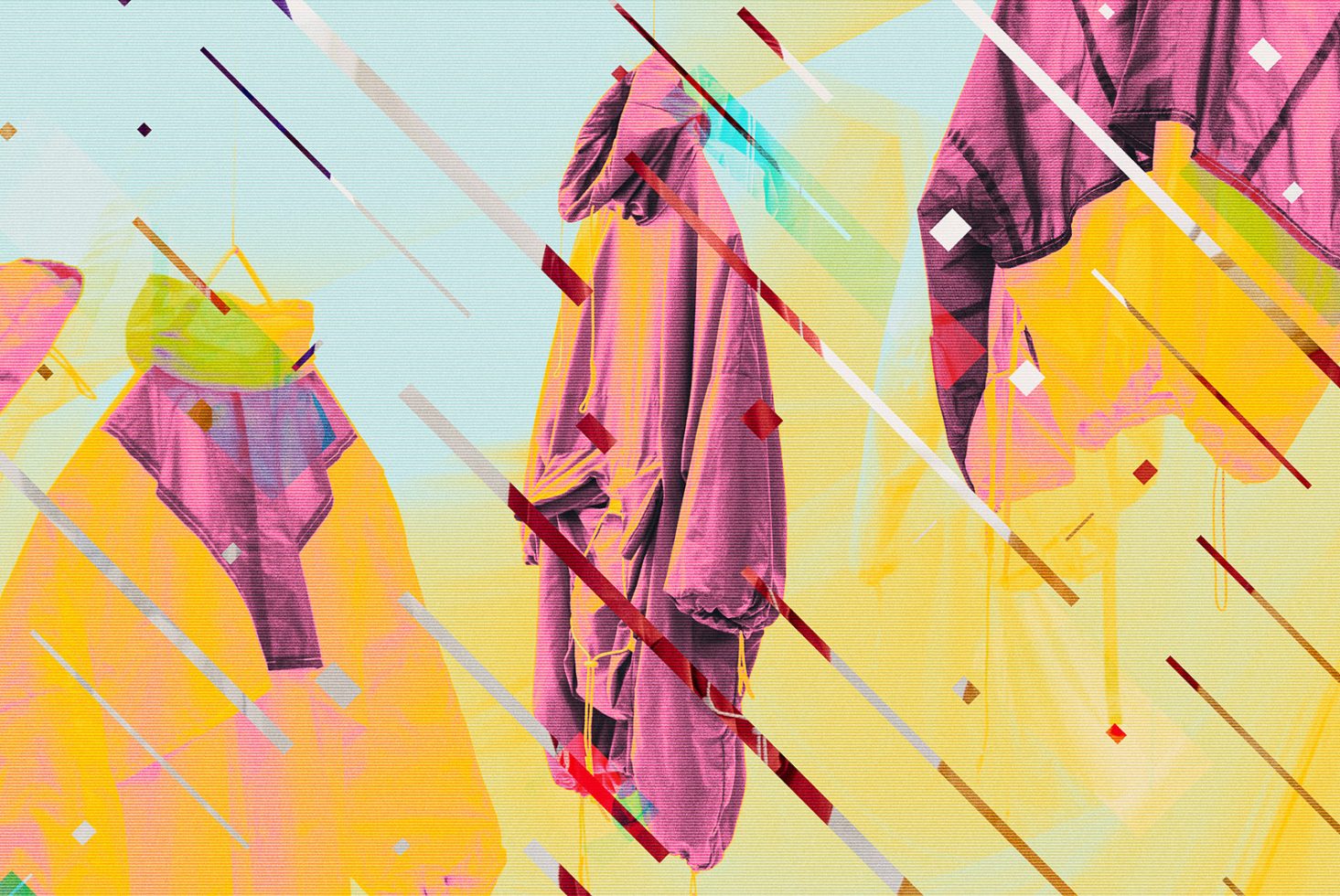 Colorful abstract digital artwork featuring overlapping hooded garments with geometric lines and shapes. Ideal for designers needing unique graphics or templates.