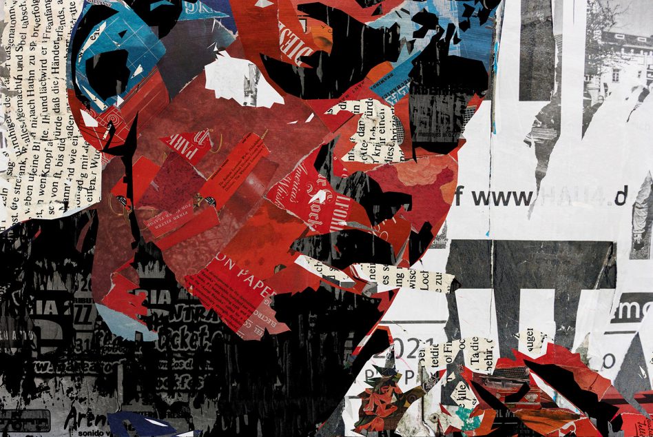 Collage art composition made of torn paper, featuring text and magazine clippings, perfect for use in design mockups and graphic projects.