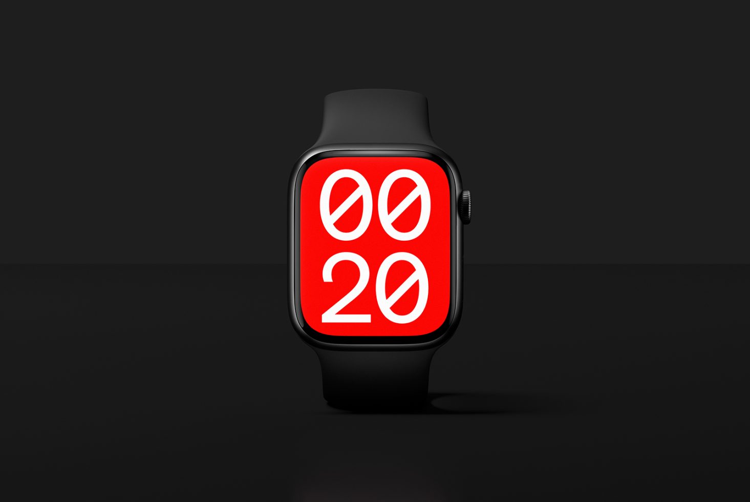 Smartwatch mockup with bold red digital display showing 0020. Perfect for designers creating watch interfaces, UI/UX templates, or tech product mockups.