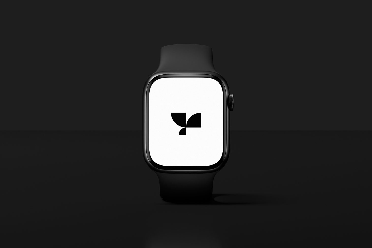 Smartwatch mockup with minimalist design, featuring black strap, black background and white screen showcasing a simple black abstract logo. Digital assets, designers.