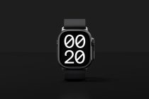 Square smartwatch with black band displaying 09:20 time with striped number design