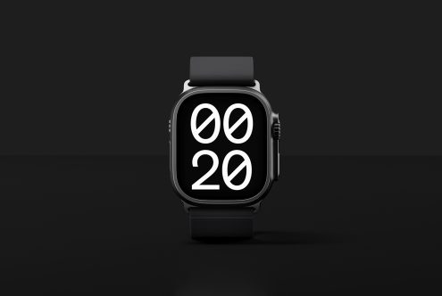 Modern smartwatch mockup with sleek black band showcasing a minimalist digital clock. Perfect for tech-themed templates mockups and graphic design projects.