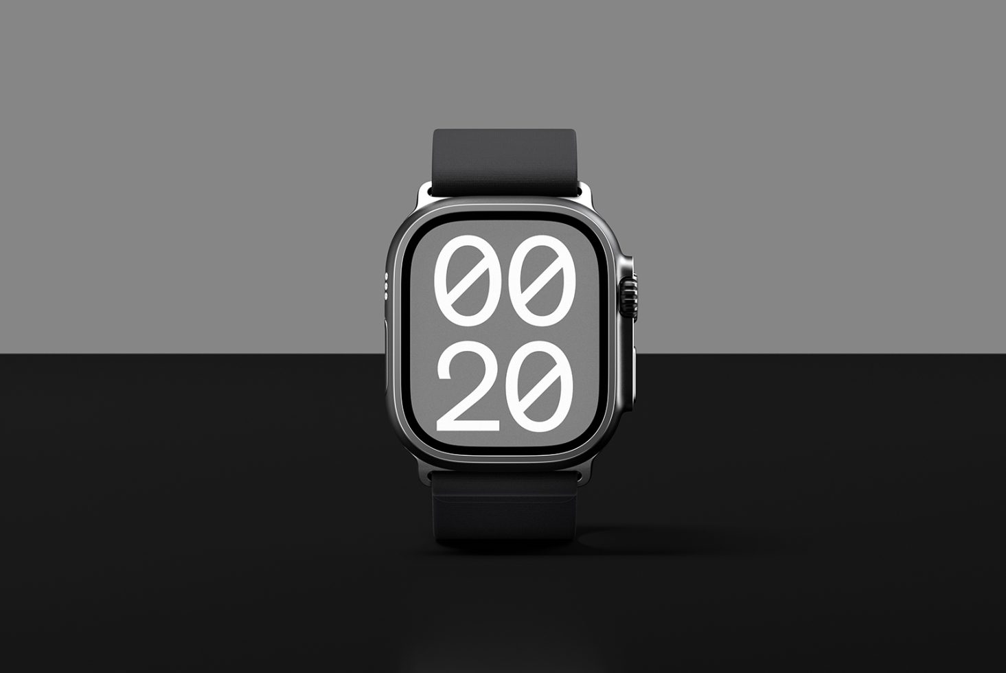 Smartwatch mockup with a black strap displaying large white numbers. Ideal for designers in need of high-quality product visuals. Download for graphic design projects.