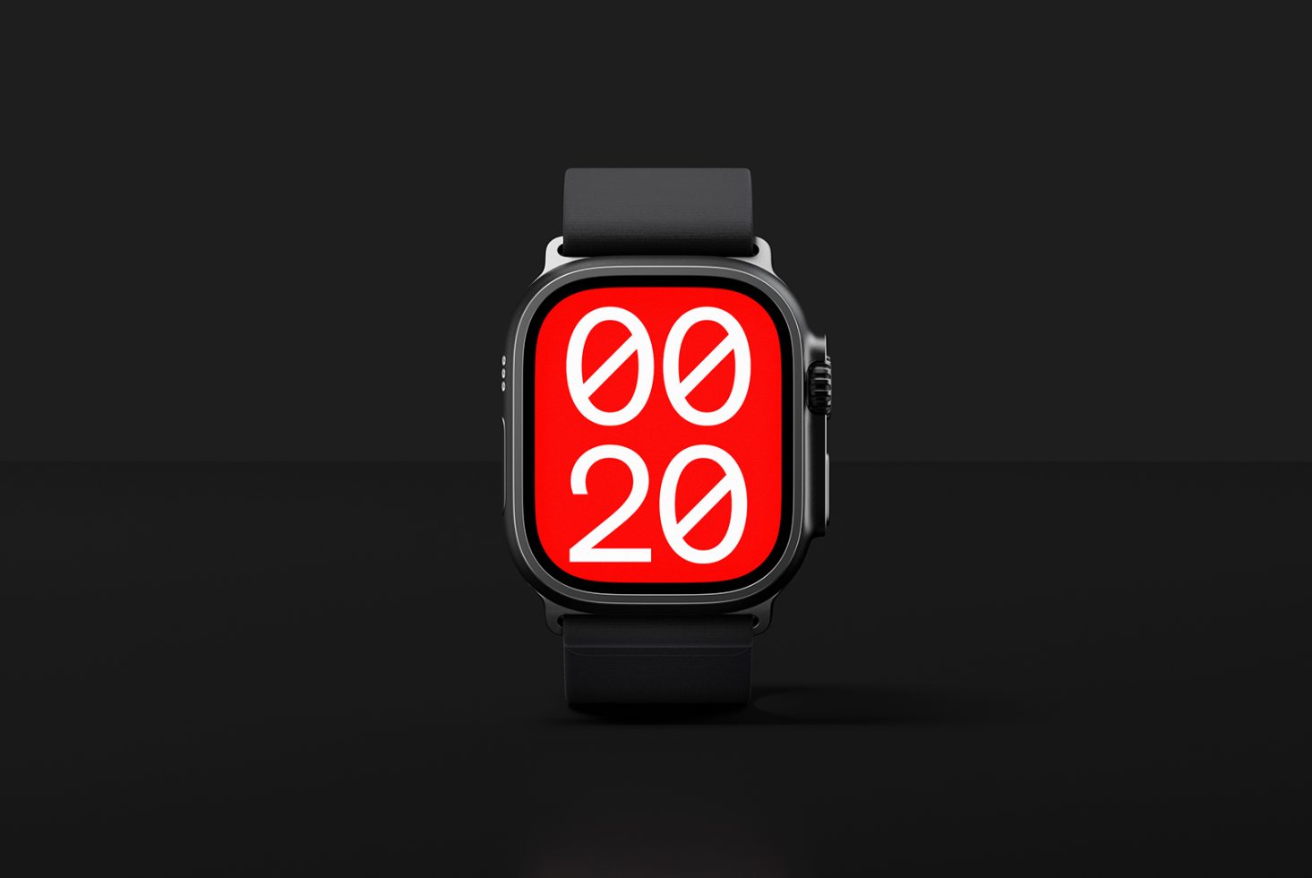 Smartwatch mockup with bold red digital clock display in sleek black design against dark background. Keywords smartwatch mockup digital clock black design.