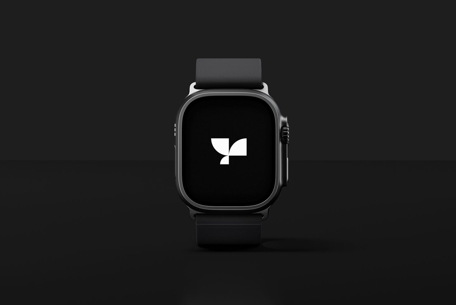 Smartwatch mockup with a black band displaying a logo on the screen, suitable for showcasing app designs, UI/UX templates, and digital assets for designers.