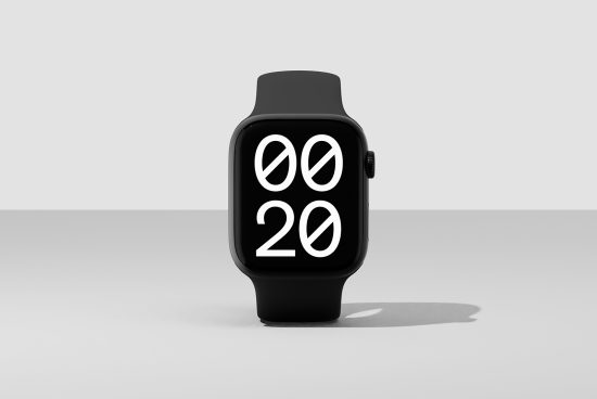 Smartwatch mockup for designers with sleek black design and minimalistic digital display. Perfect for showcasing UI/UX designs and app interfaces.