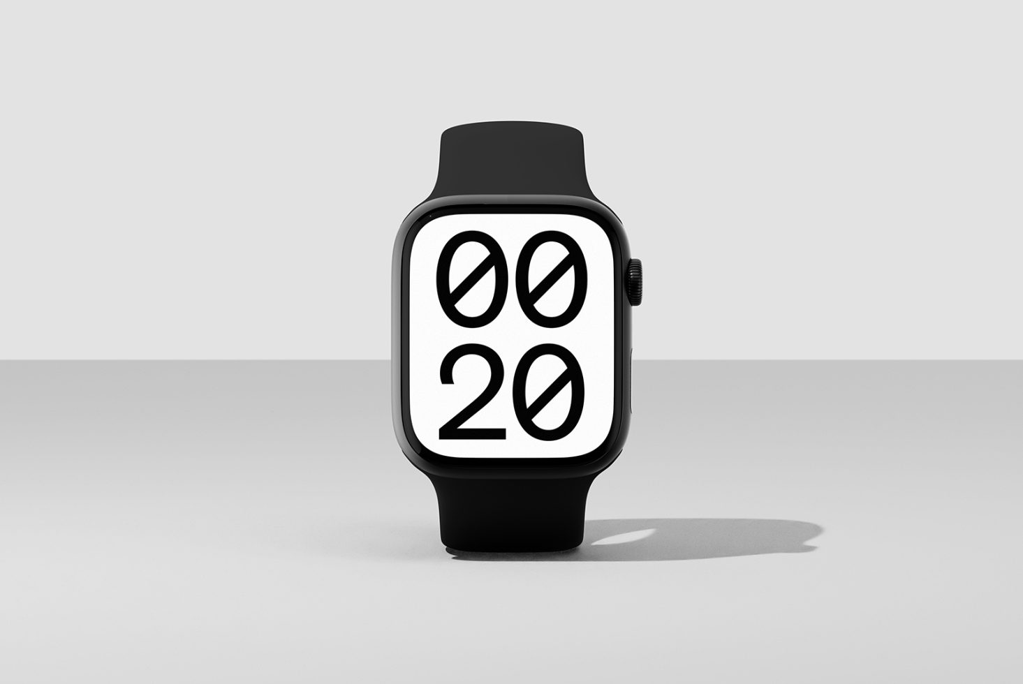 Apple Watch mockup with black band and minimalist digital clock display. Perfect for showcasing app designs, interfaces, and watch face graphics for designers.