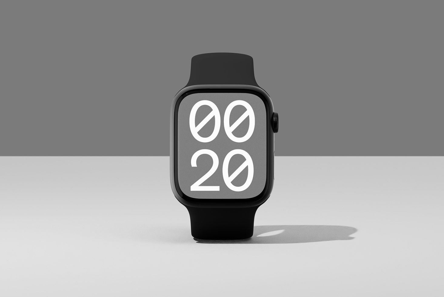 Smartwatch mockup with black strap and minimal gray watch face showing 0020 for digital designers available on marketplace digital assets fonts templates.