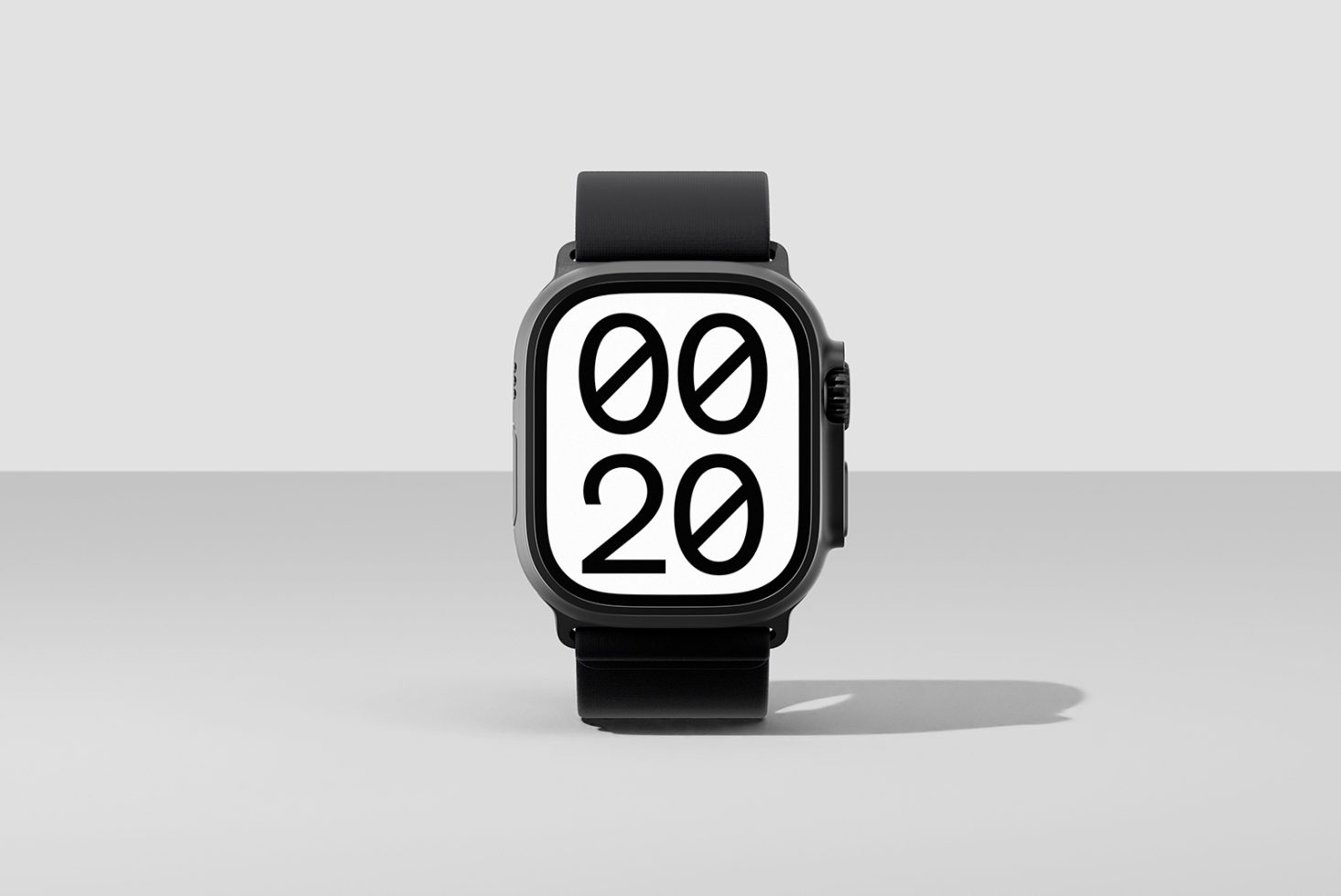 Smartwatch mockup featuring a sleek black band and large digital display against a gray background ideal for showcasing design concepts digital assets UX templates.