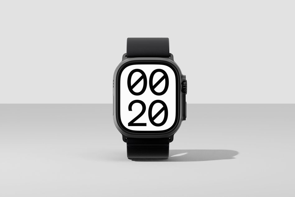 Smartwatch mockup featuring a sleek black band and large digital display against a gray background ideal for showcasing design concepts digital assets UX templates.